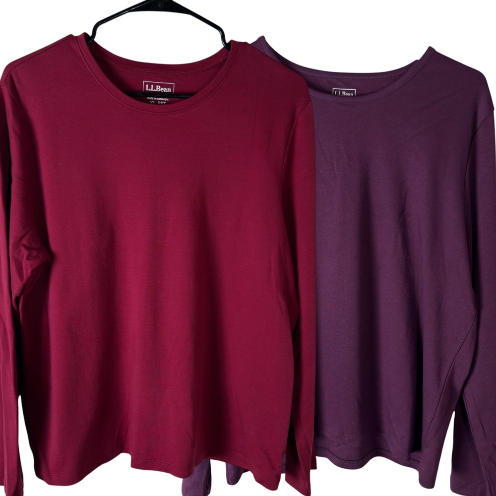 LL Bean Bundle Supima Cotton Long Sleeve Tee Red Purple Women XL Petite Basics
